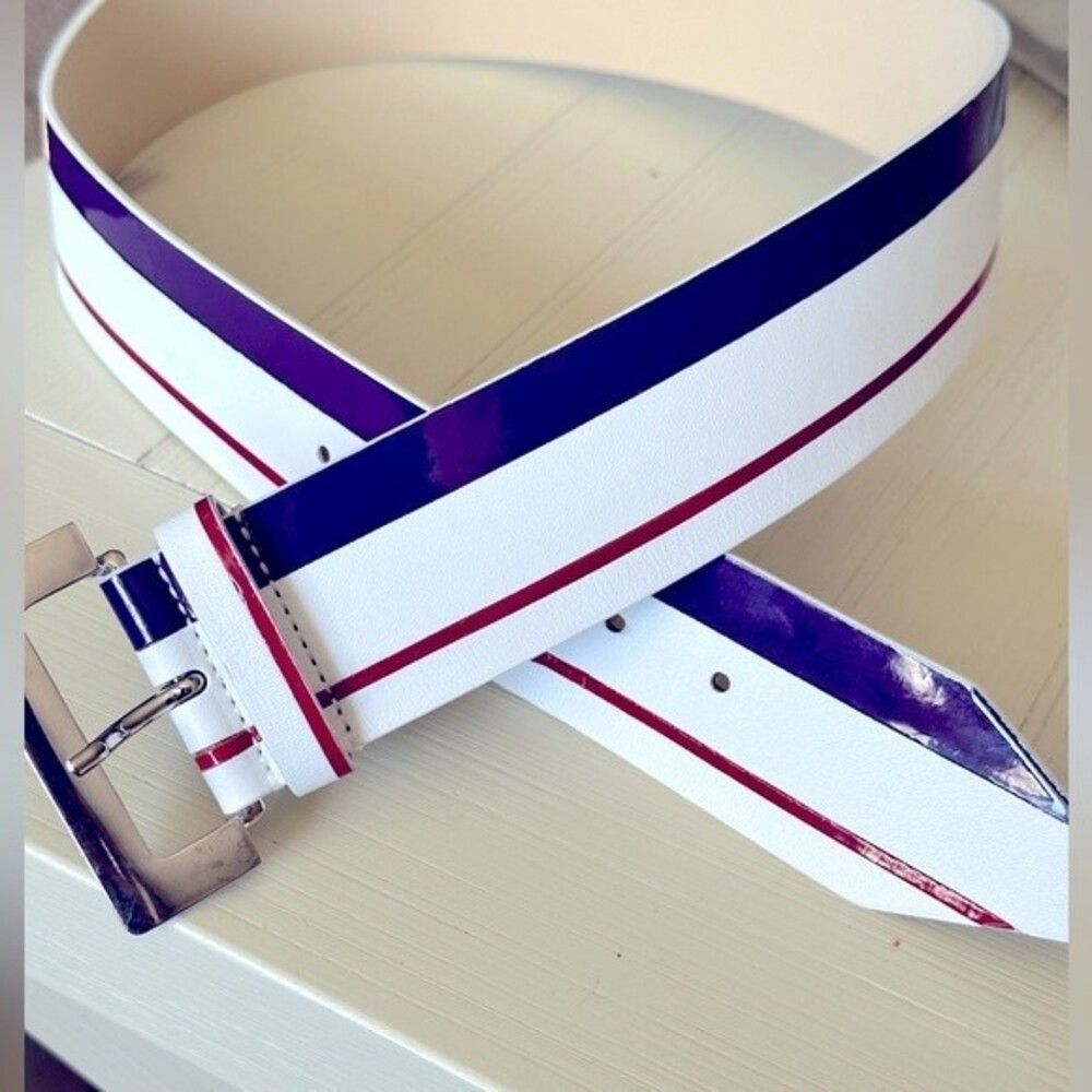 Worth New York Leather Belt Made in Italy White with Purple Red Stripes 2” Small